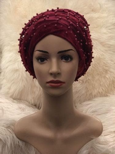 Full Beaded Double Burgundy velvet Turban headwraps. Other colours Available - African Clothing from CUMO LONDON