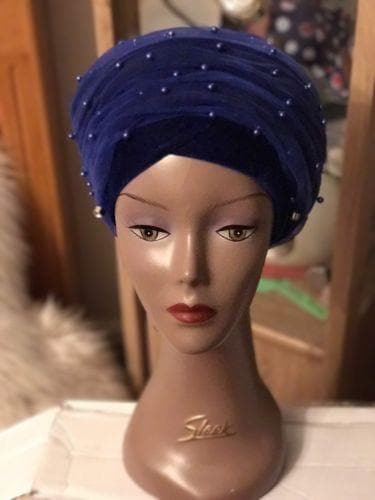 Double Beaded velvet Turban headwraps With Mesh Net in Royal Blue - African Clothing from CUMO LONDON