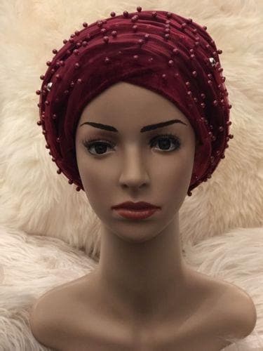 Full Beaded Double Burgundy velvet Turban headwraps. Other colours Available - African Clothing from CUMO LONDON