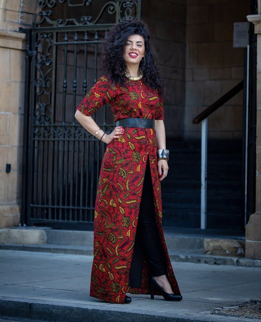 African Print Front Slit Long Blouse/Top - Red - African Clothing from CUMO LONDON