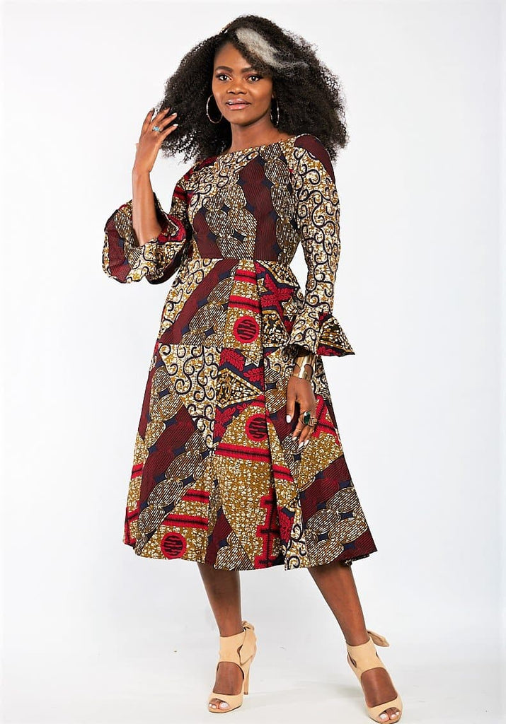 Safiyah African Print Flare Midi Dress in Long sleeves - African Clothing from CUMO LONDON