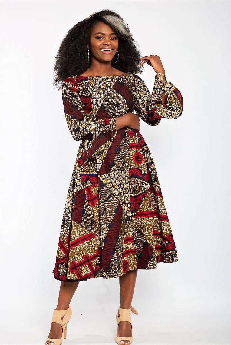 Aisha African Print Flare Midi Dress in Long sleeves - African Clothing from CUMO LONDON