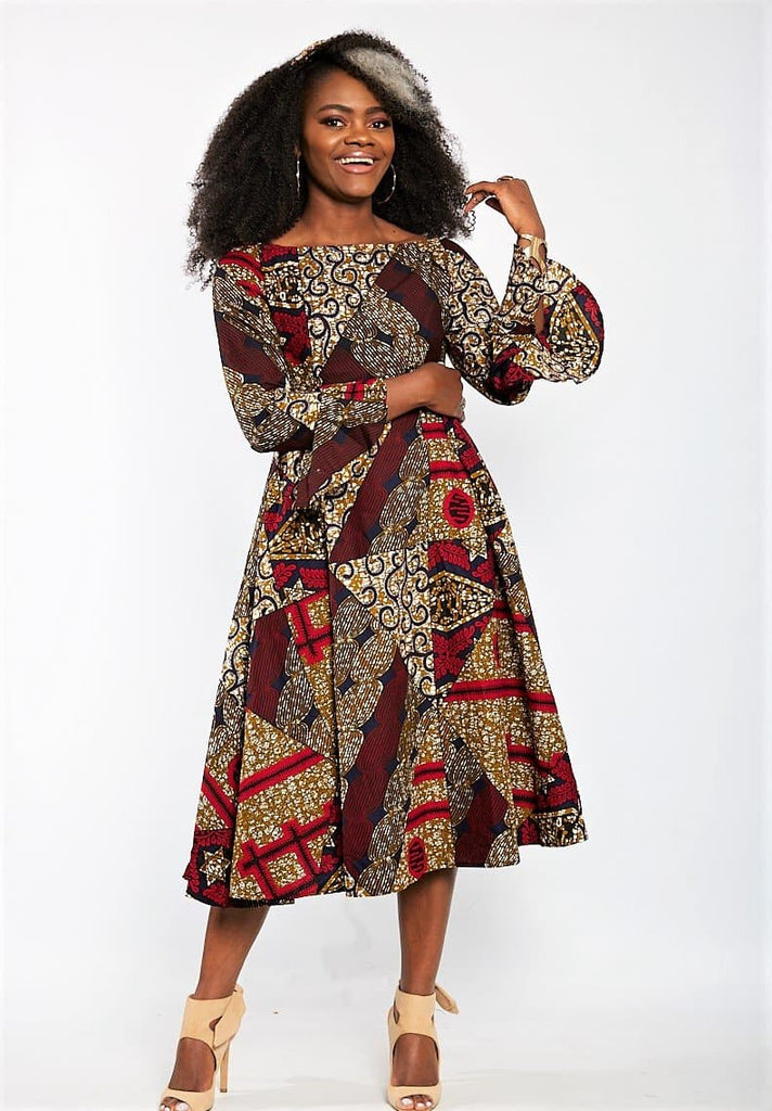 Aisha African Print Flare Midi Dress in Long sleeves - African Clothing from CUMO LONDON
