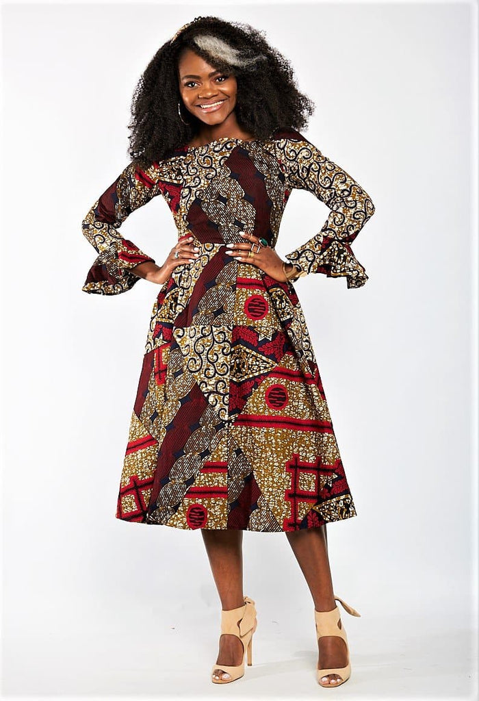 Aisha African Print Flare Midi Dress in Long sleeves - African Clothing from CUMO LONDON