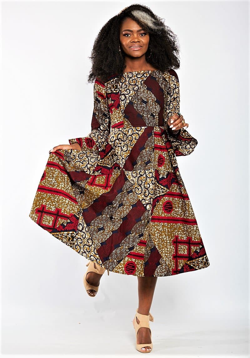 Aisha African Print Flare Midi Dress in Long sleeves - African Clothing from CUMO LONDON