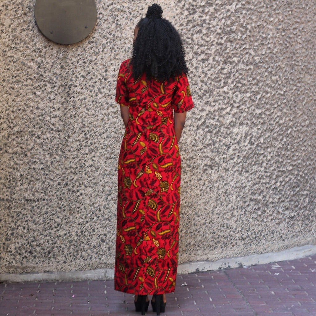 African Print Front Slit Long Blouse/Top - Red - African Clothing from CUMO LONDON