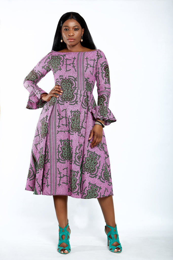 Safiyah African Print Flare Midi Dress in Long sleeves - African Clothing from CUMO LONDON
