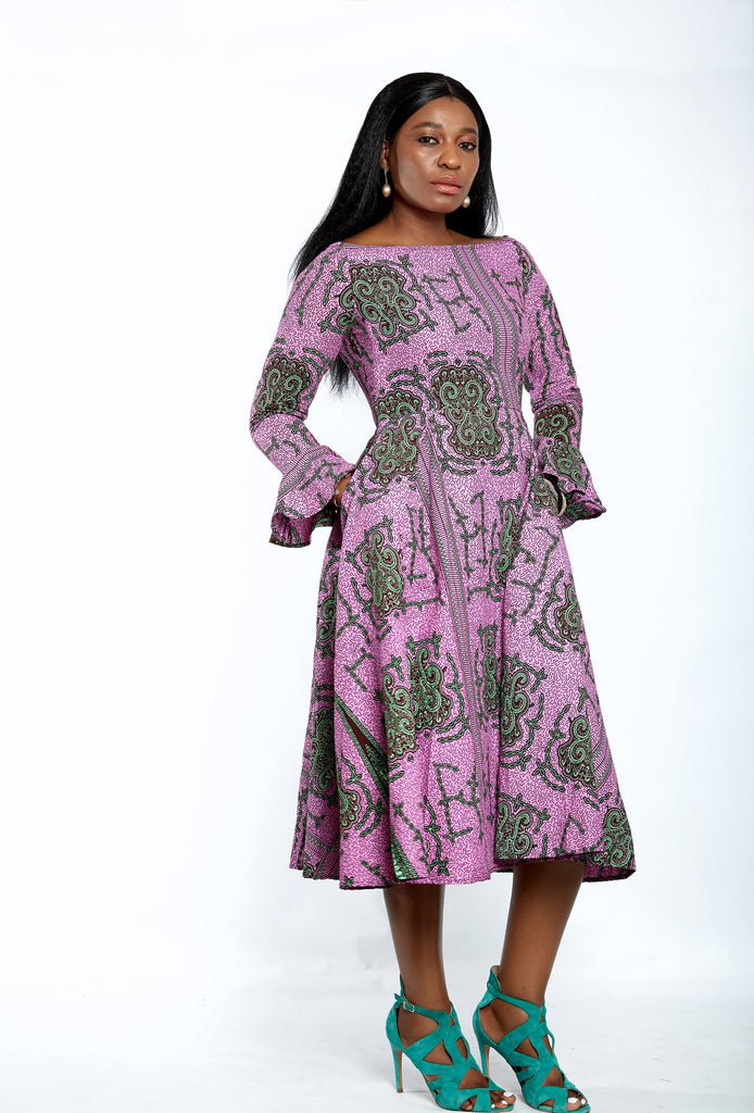 Safiyah African Print Flare Midi Dress in Long sleeves - African Clothing from CUMO LONDON