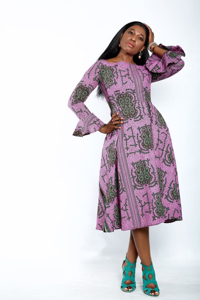 Safiyah African Print Flare Midi Dress in Long sleeves - African Clothing from CUMO LONDON