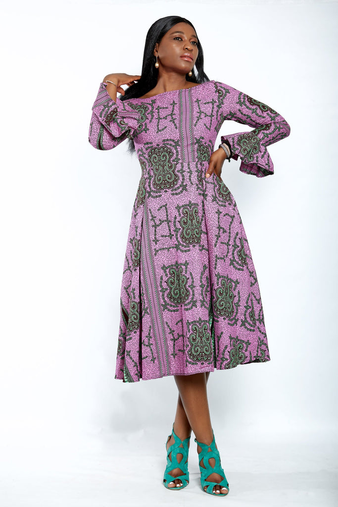 Safiyah African Print Flare Midi Dress in Long sleeves - African Clothing from CUMO LONDON