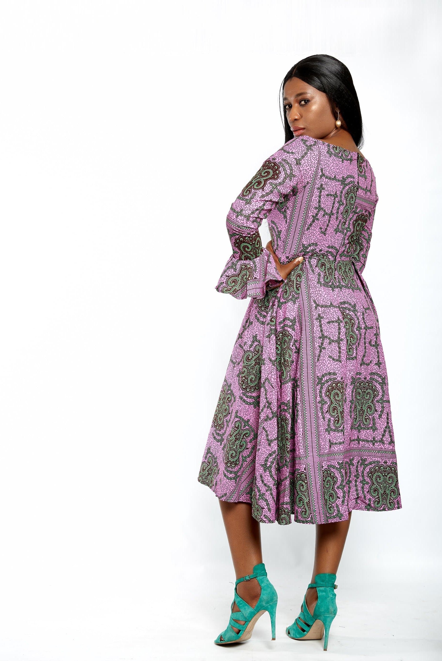 Safiyah African Print Flare Midi Dress in Long sleeves - African Clothing from CUMO LONDON
