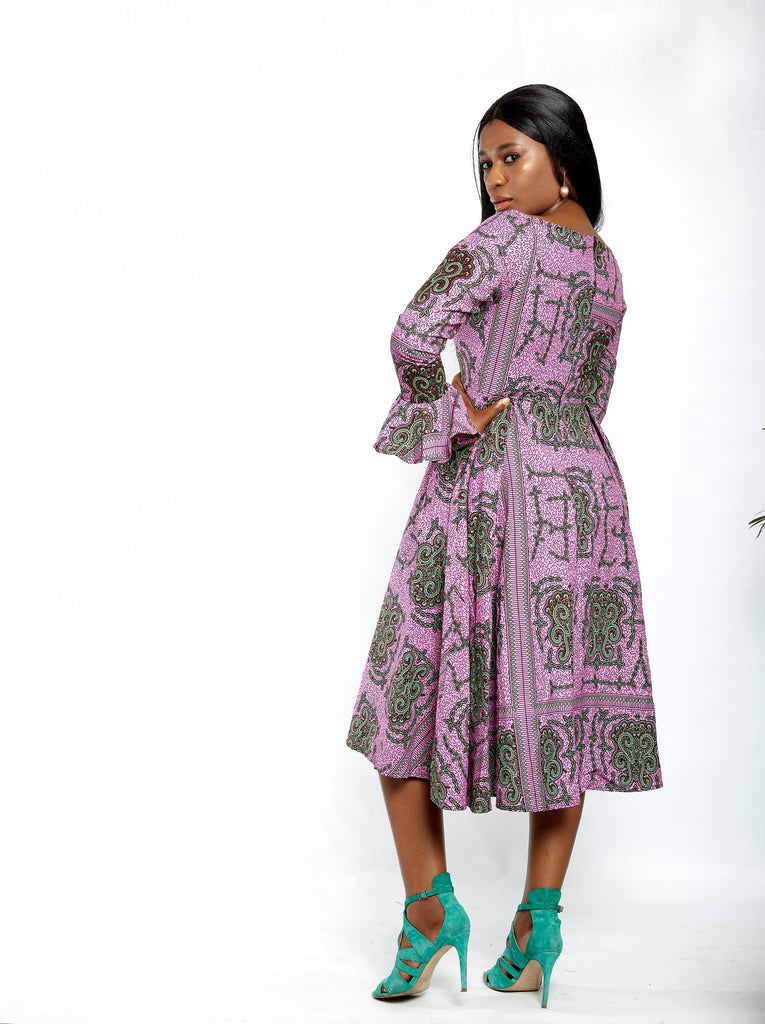 Safiyah African Print Flare Midi Dress in Long sleeves - African Clothing from CUMO LONDON