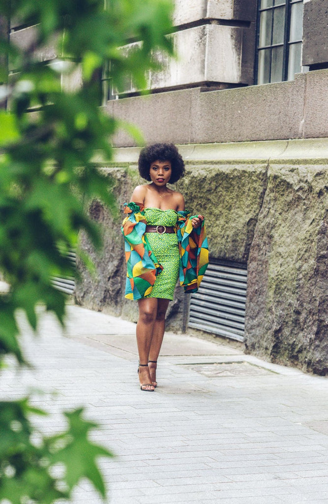 African Print Ankara Fitted Green Dress with Cut-out Sleeves - African Clothing from CUMO LONDON