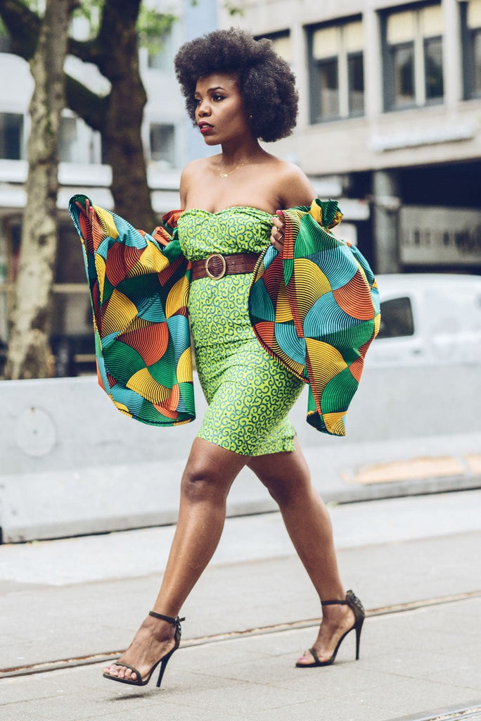 African Print Ankara Fitted Green Dress with Cut-out Sleeves - African Clothing from CUMO LONDON