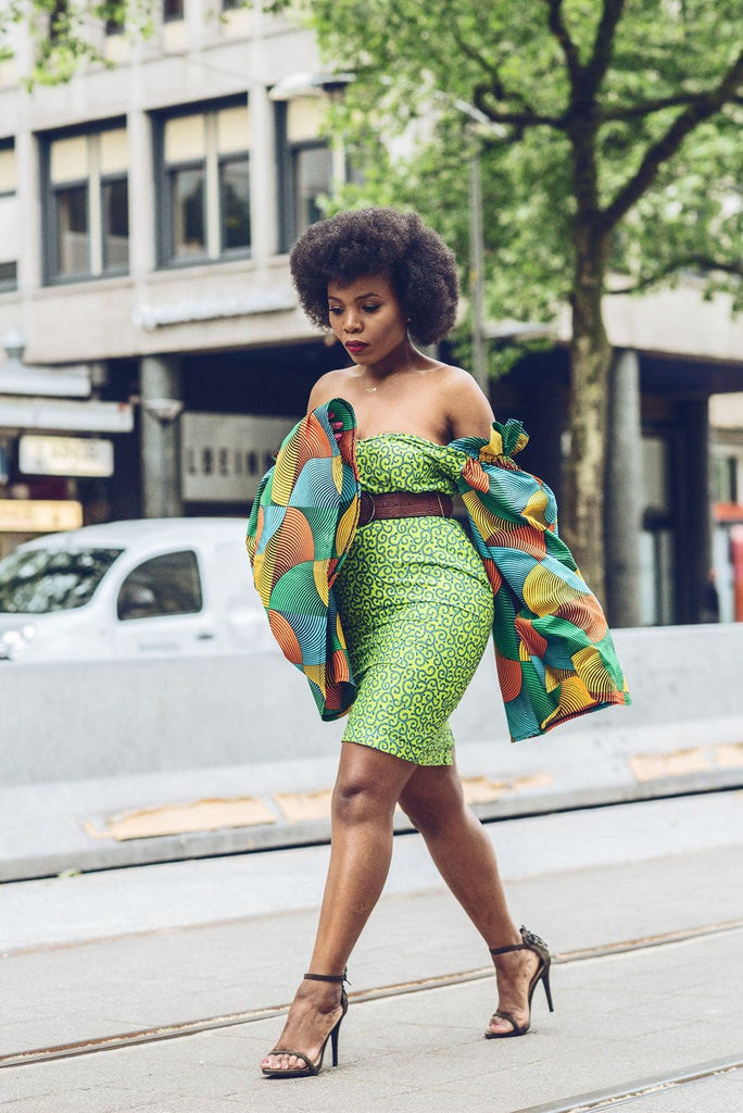 African Print Ankara Fitted Green Dress with Cut-out Sleeves - African Clothing from CUMO LONDON