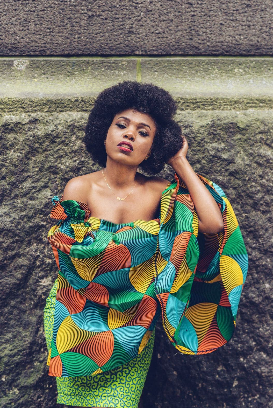African Print Ankara Fitted Green Dress with Cut-out Sleeves - African Clothing from CUMO LONDON