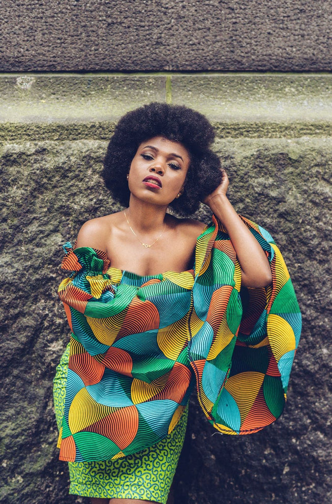 African Print Ankara Fitted Green Dress with Cut-out Sleeves - African Clothing from CUMO LONDON