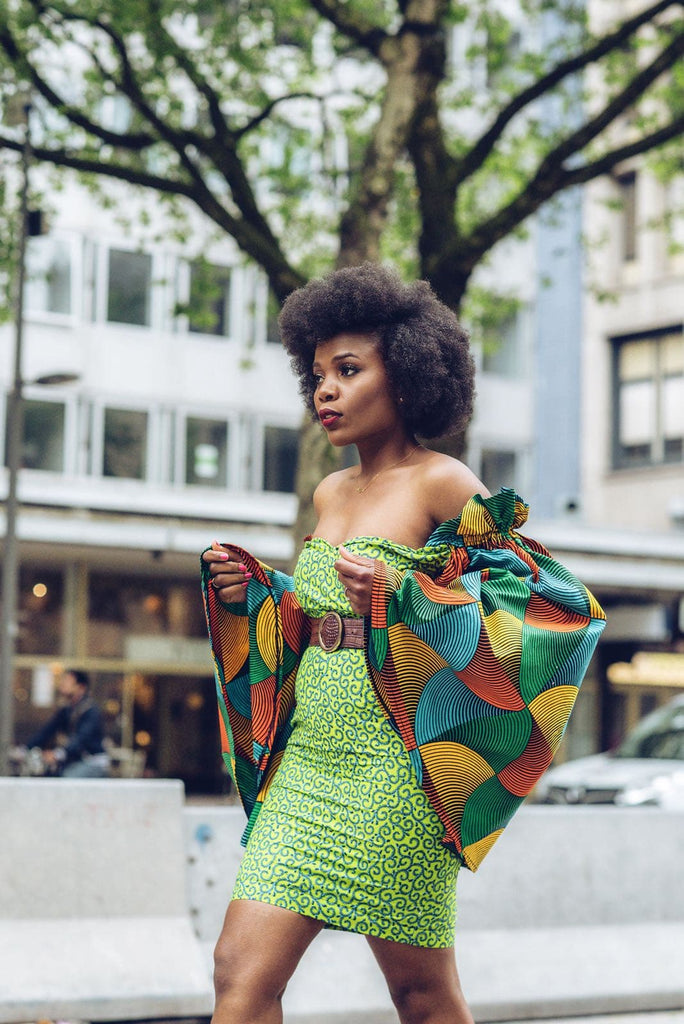 African Print Ankara Fitted Green Dress with Cut-out Sleeves - African Clothing from CUMO LONDON