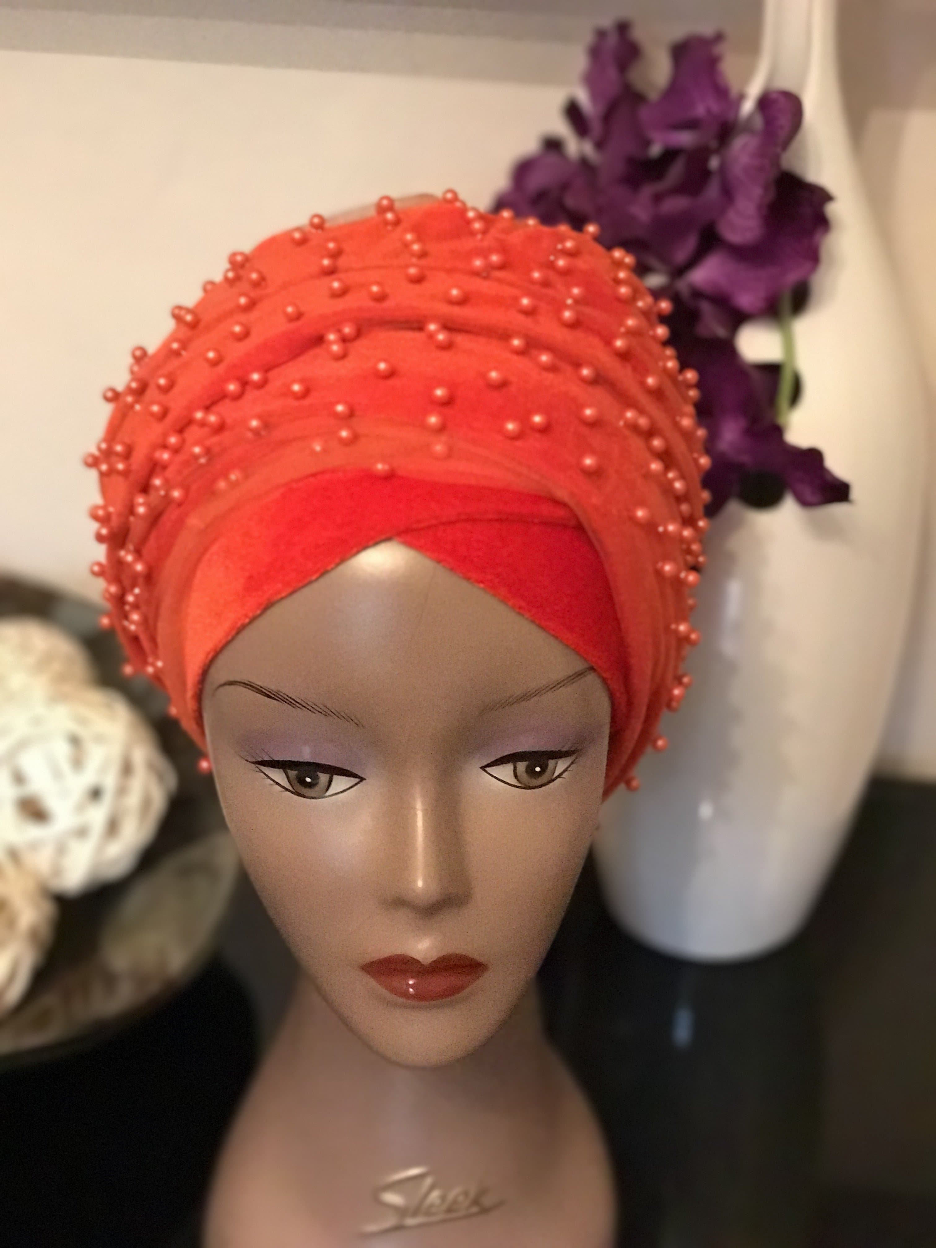 Red Beaded Mesh Velvet Head wrap ( Extra Long Scarf) - African Clothing from CUMO LONDON