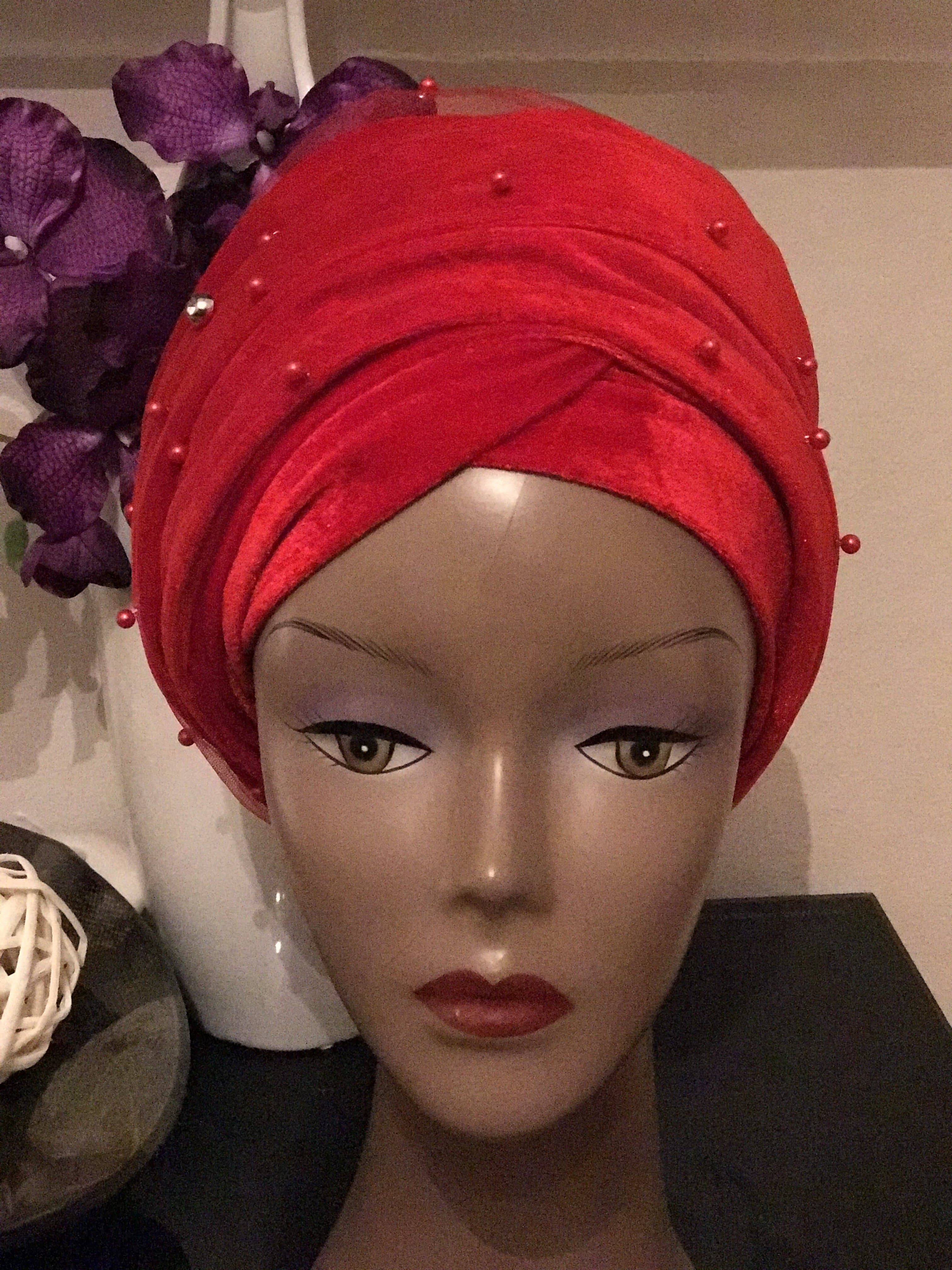 Mesh Net beaded Single hand Velvet Turban Cap Headwrap, Hijab Turban Headwrap. Ladies Tulle Net beaded Red Velvet Turban Headwrap. - African Clothing from CUMO LONDON