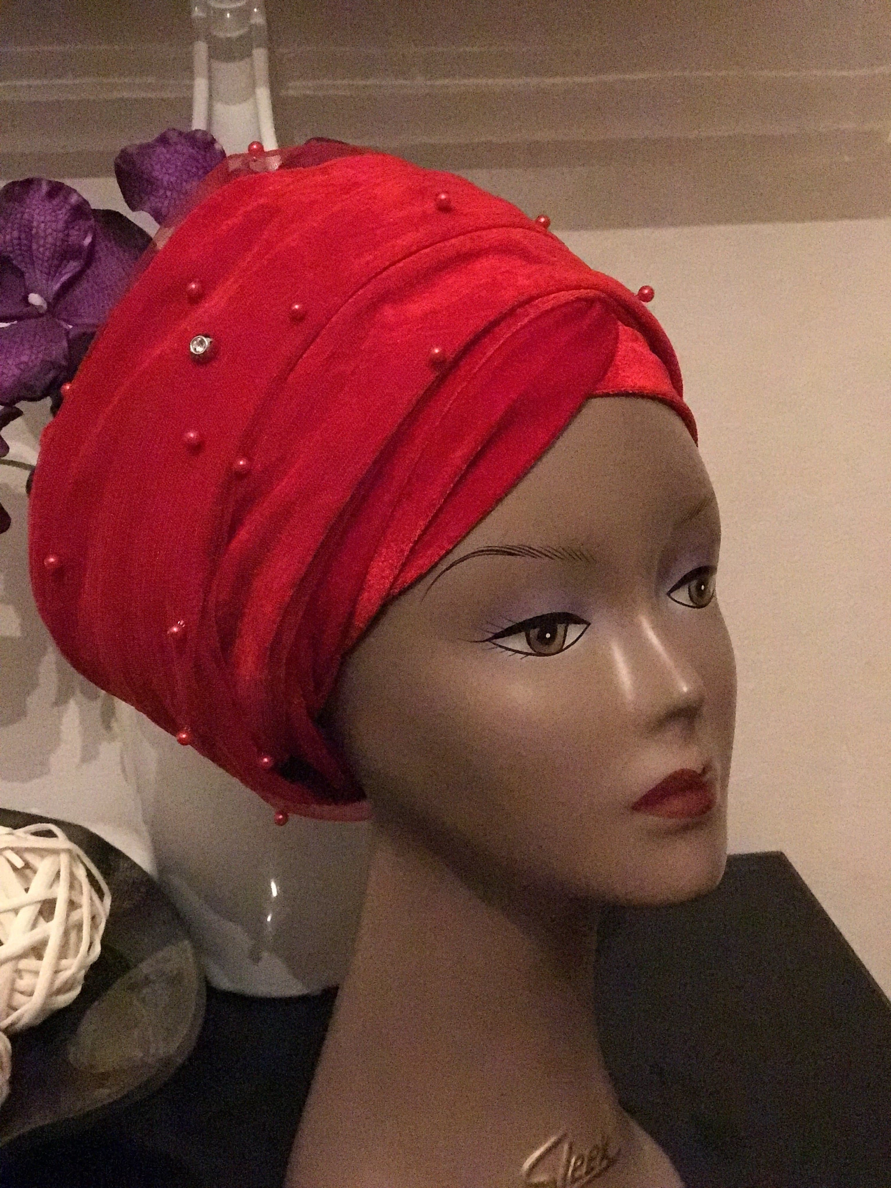 Mesh Net beaded Single hand Velvet Turban Cap Headwrap, Hijab Turban Headwrap. Ladies Tulle Net beaded Red Velvet Turban Headwrap. - African Clothing from CUMO LONDON