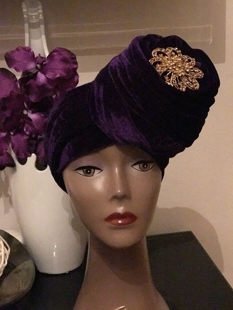 Velvet Plain Turban Headwrap with Double Hand - African Clothing from CUMO LONDON