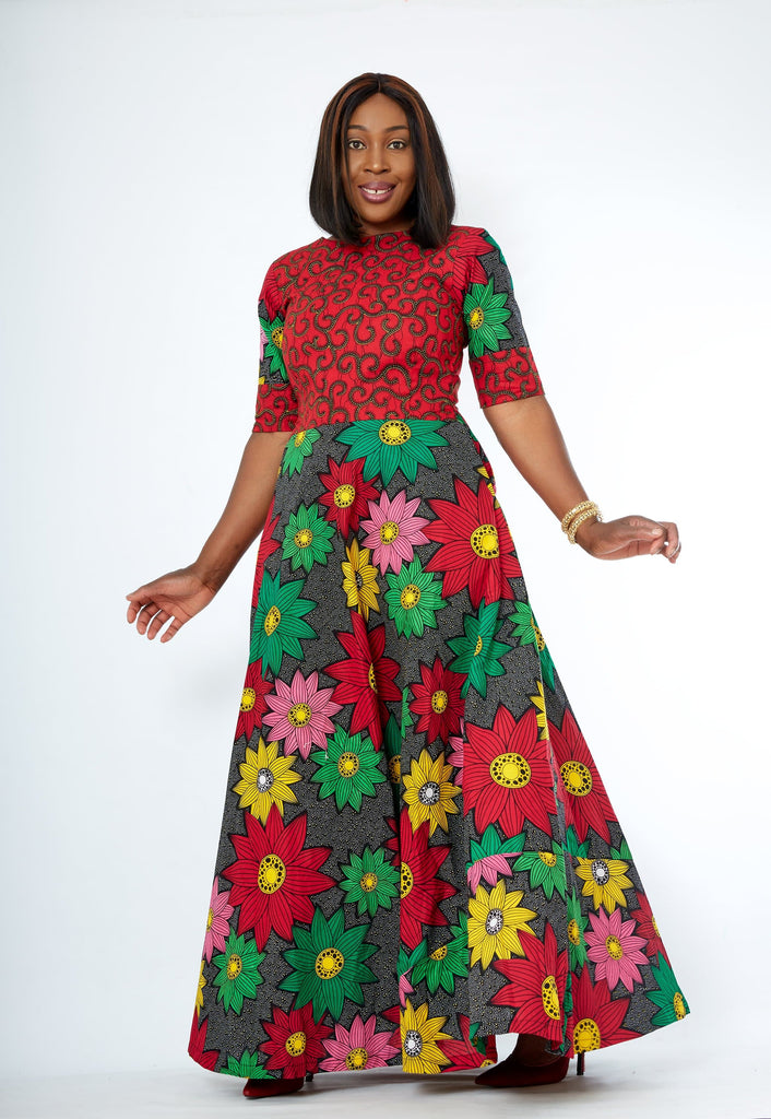 African Print Red Ankara Print Maxi Dress - African Clothing from CUMO LONDON
