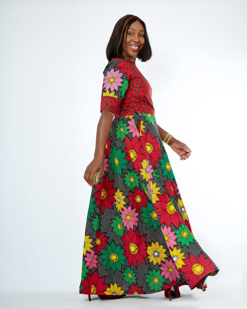 African Print Red Ankara Print Maxi Dress - African Clothing from CUMO LONDON