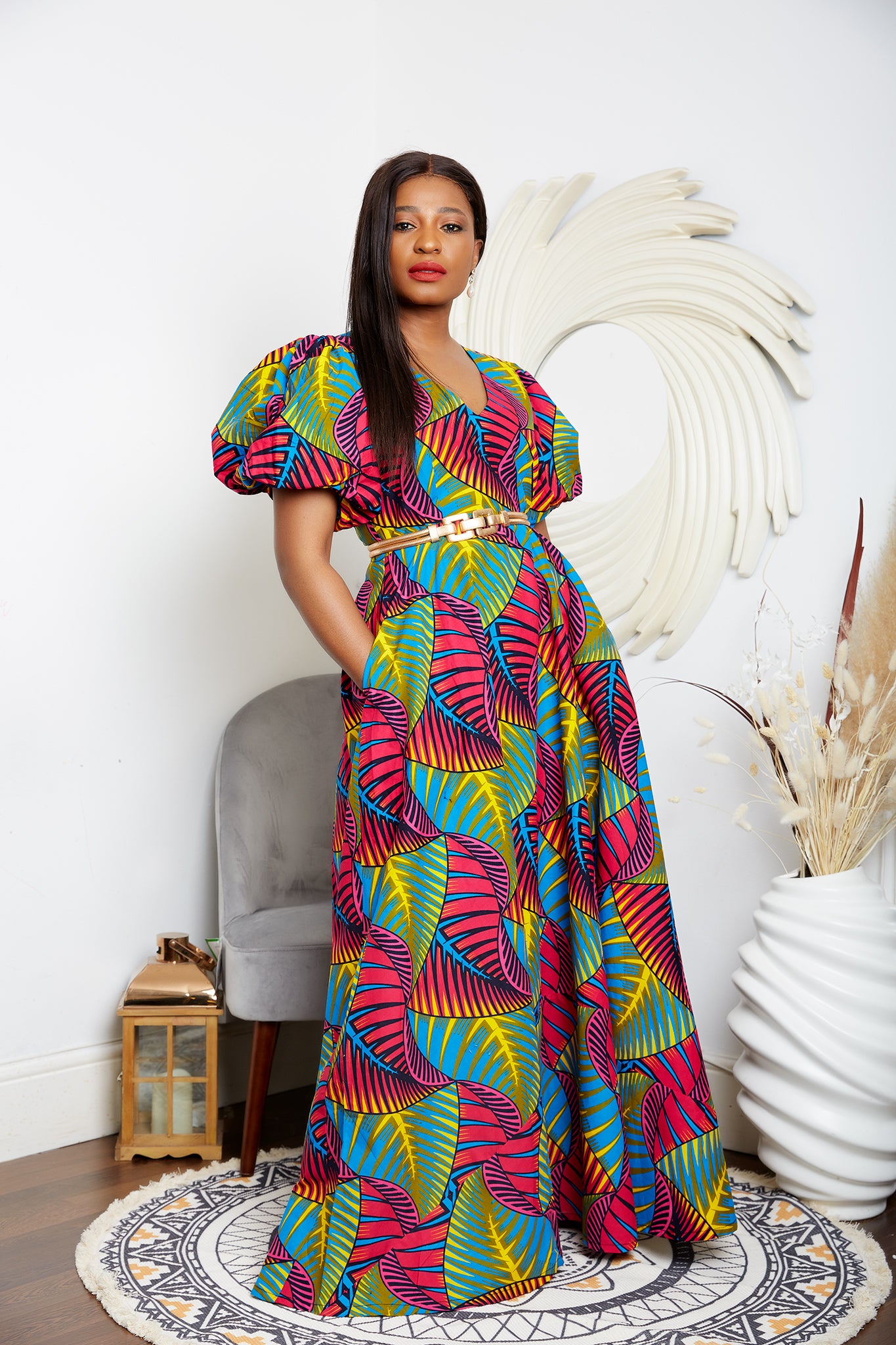 African Print V Neck Maxi Dress with Puff Sleeves Pelumi