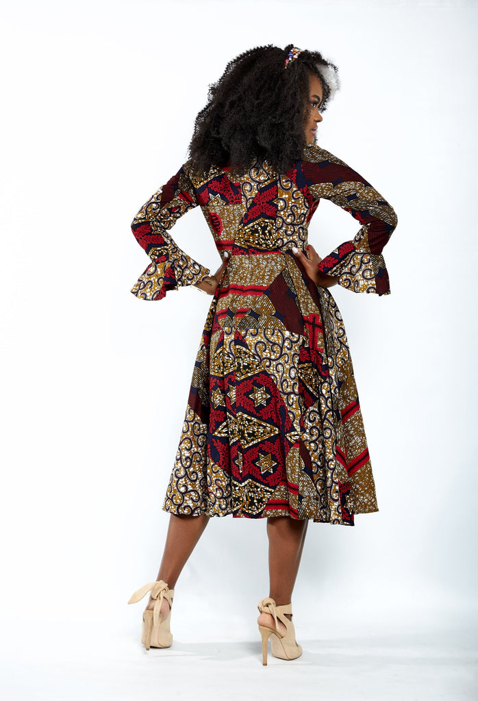 Aisha African Print Flare Midi Dress in Long sleeves - African Clothing from CUMO LONDON