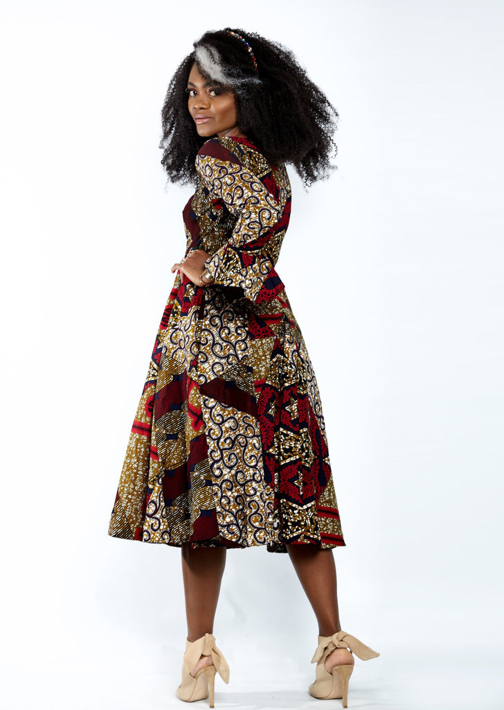 Aisha African Print Flare Midi Dress in Long sleeves - African Clothing from CUMO LONDON
