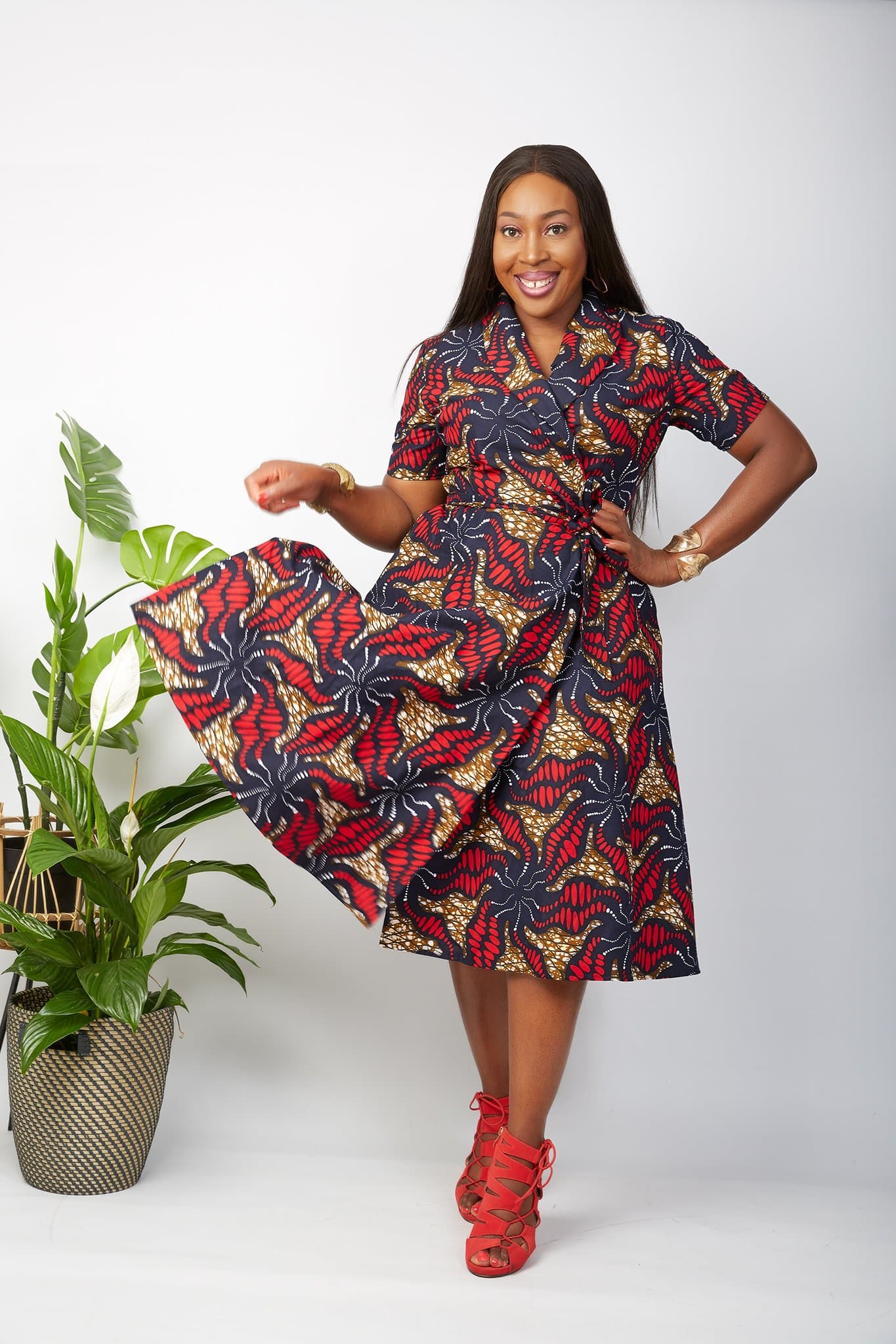 Vibrant African print Maroon Midi summer dress - Shop CUMO London African fashion clothing brand
