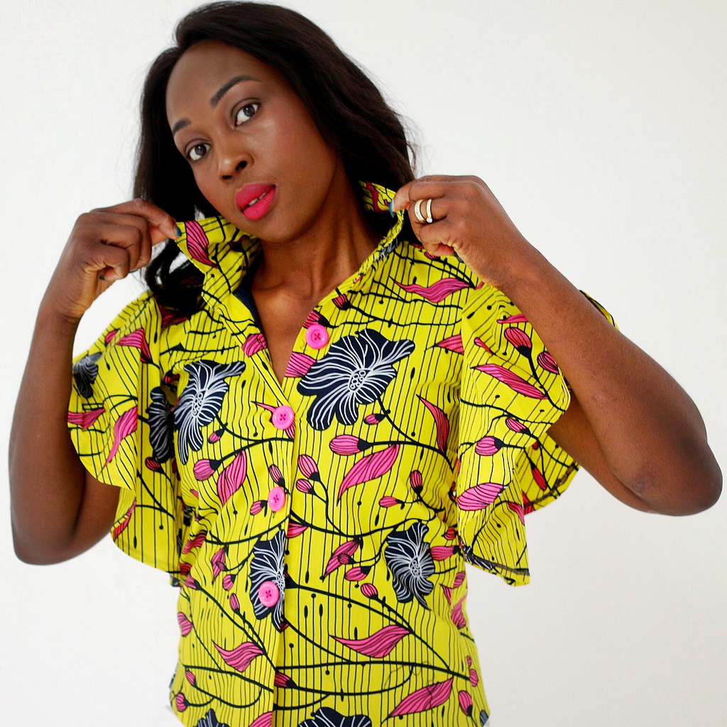African Print Flare Sleeve Ankara Collar Shirts - Yellow - African Clothing from CUMO LONDON