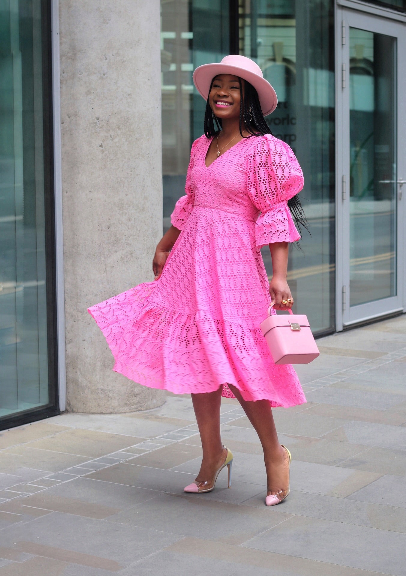Pink Puff Sleeve Midi Summer Lace Dress Amarachi S