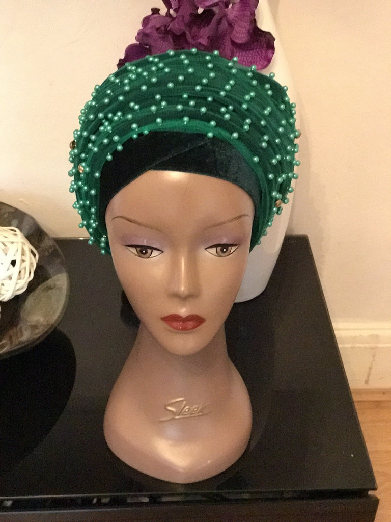 Pearl Beaded Velvet Turban Head Wrap - Extra Large - African Clothing from CUMO LONDON