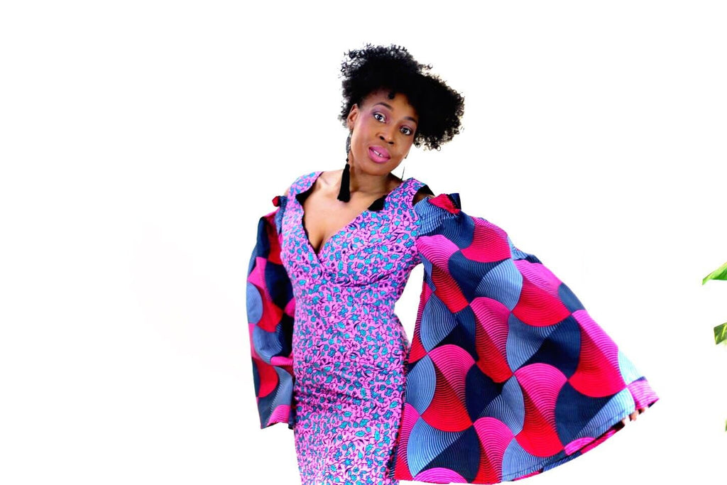 Rikka - Embellished Pink African Print Ankara Fitted Dress with Cut-out Sleeves - African Clothing from CUMO LONDON