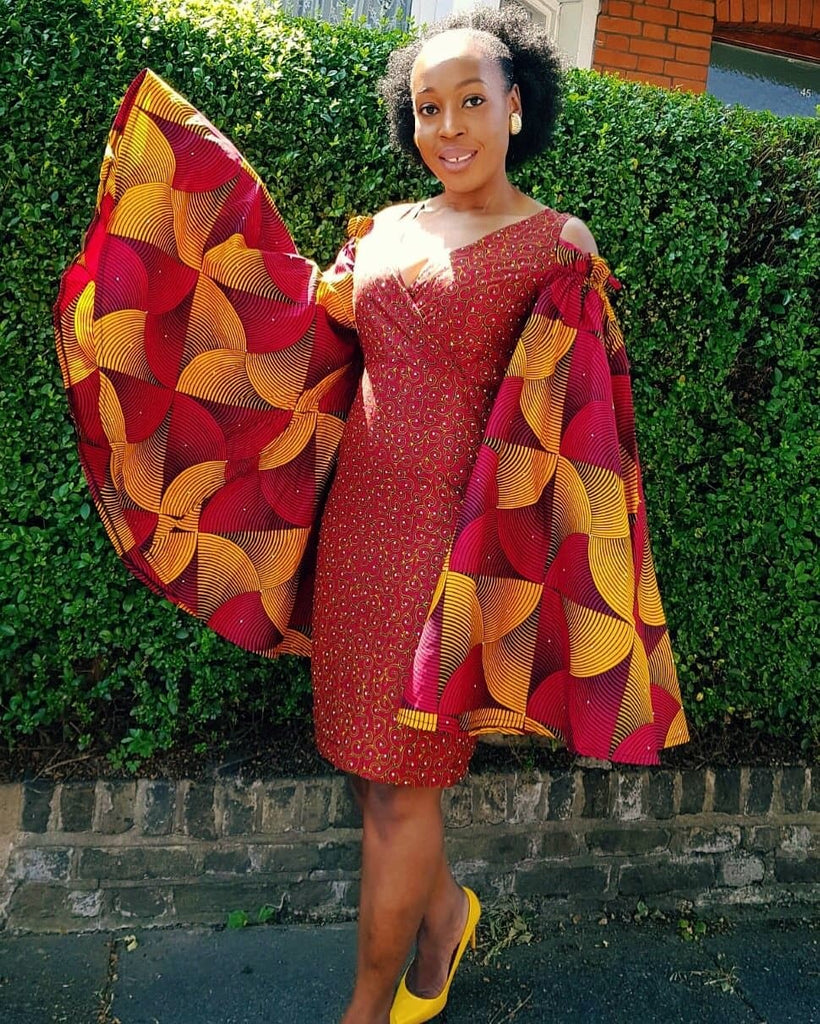 Embellished African Print Ankara Fitted Red Dress with Cut-out Sleeves - African Clothing from CUMO LONDON