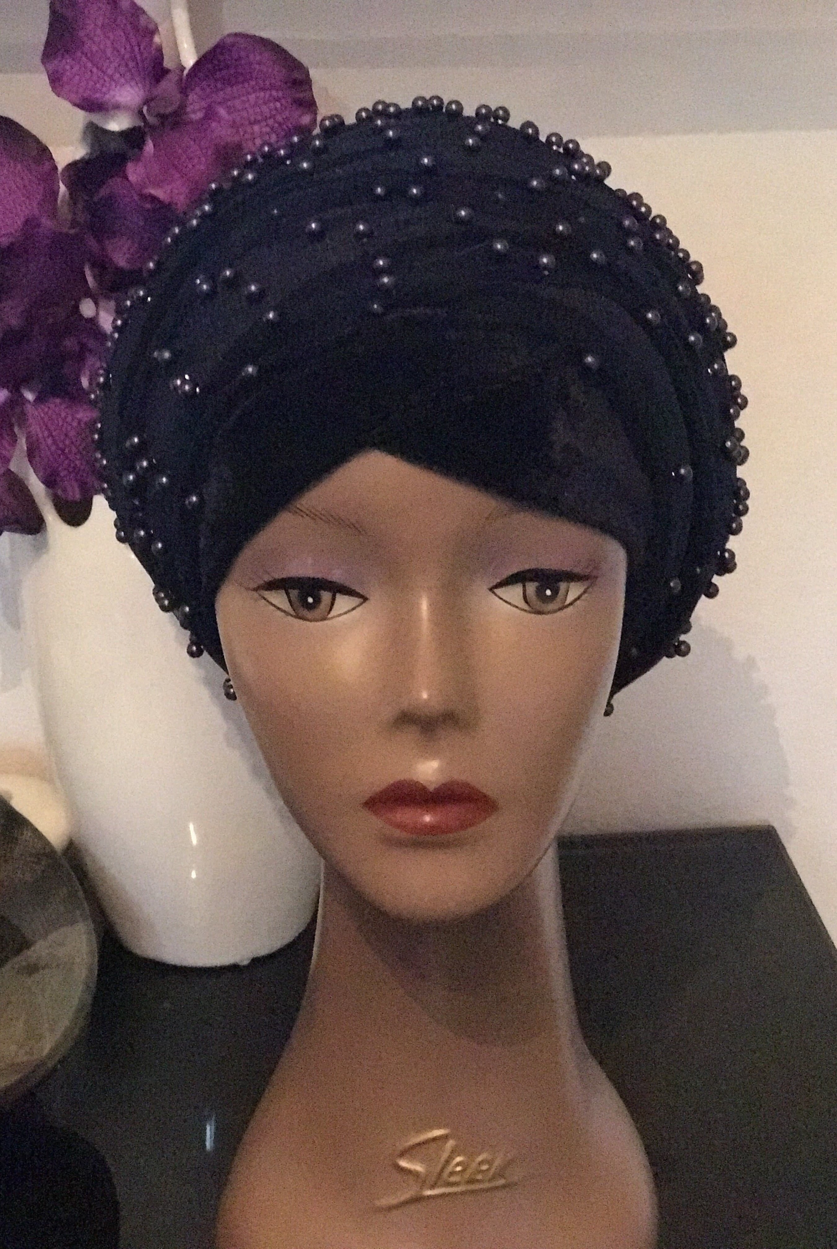 Navy Blue Mesh Net Full beaded Double hand or Extra Large Velvet Turban Headwrap Hijab - African Clothing from CUMO LONDON