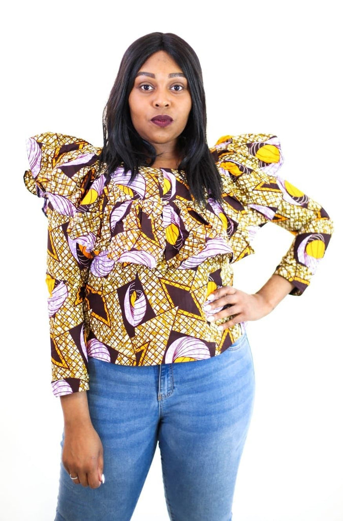 New in Ankara Wax Print Long Sleeve Ruffle Top - African Clothing from CUMO LONDON