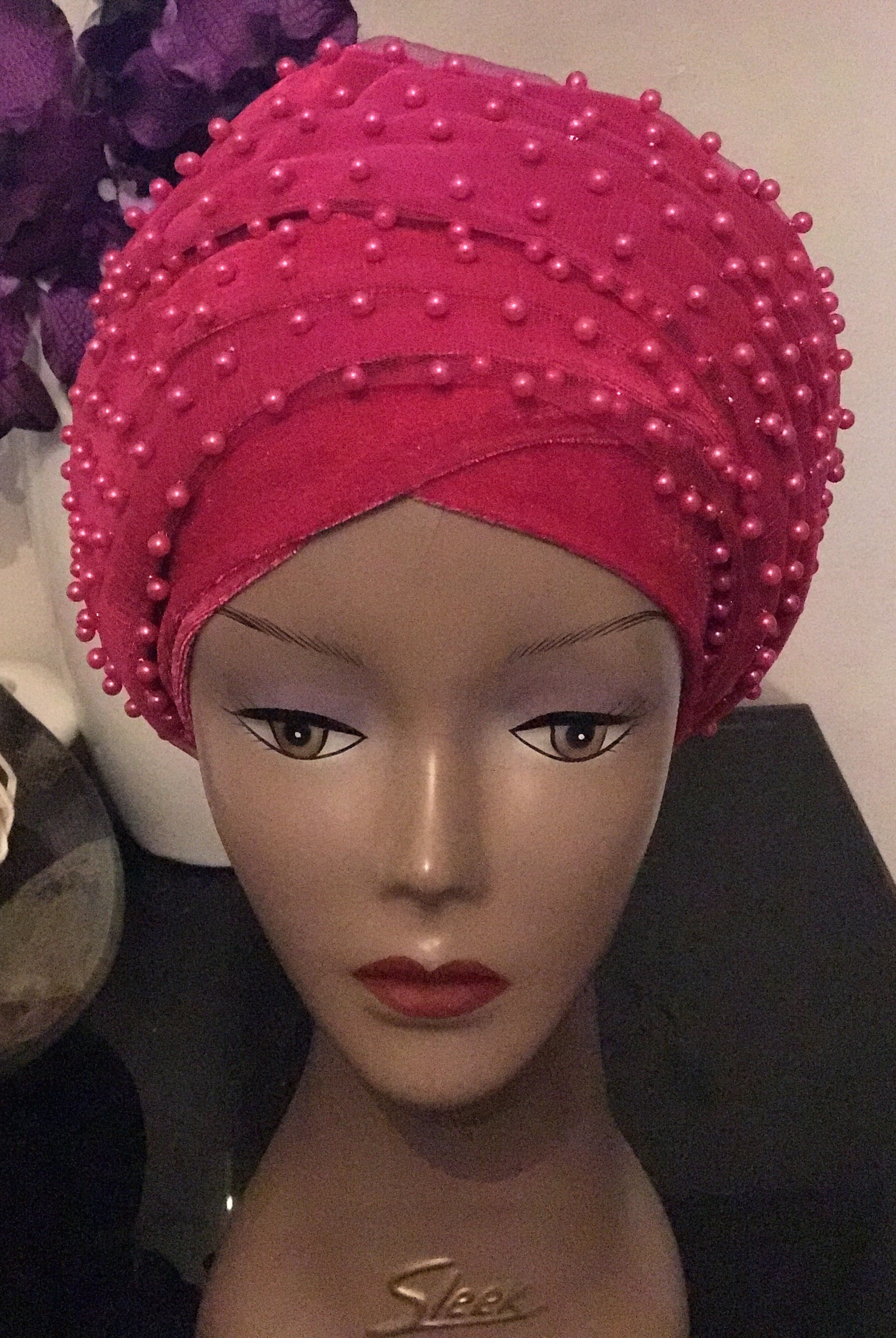 Pearl Beaded Velvet Turban Head Wrap - Extra Large - African Clothing from CUMO LONDON