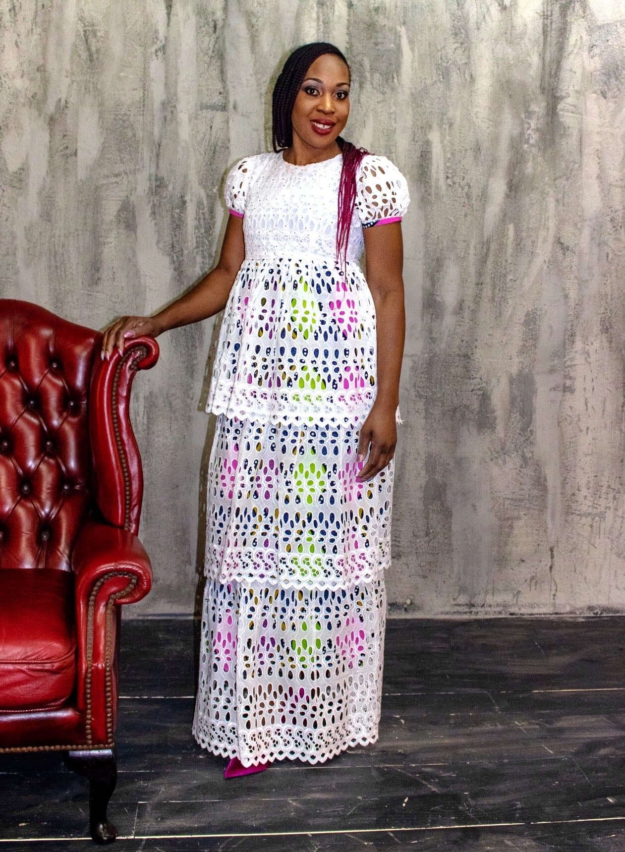 Embellished 3 Tier White Lace Maxi Dress with African Print Lining - African Clothing from CUMO LONDON