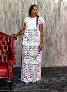 Embellished 3 Tier White Lace Maxi Dress with African Print Lining - African Clothing from CUMO LONDON