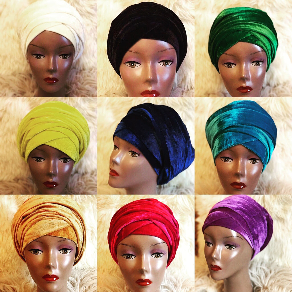 Black Double Plain Velvet Turban | Velvet headwrap - African Clothing from CUMO LONDON