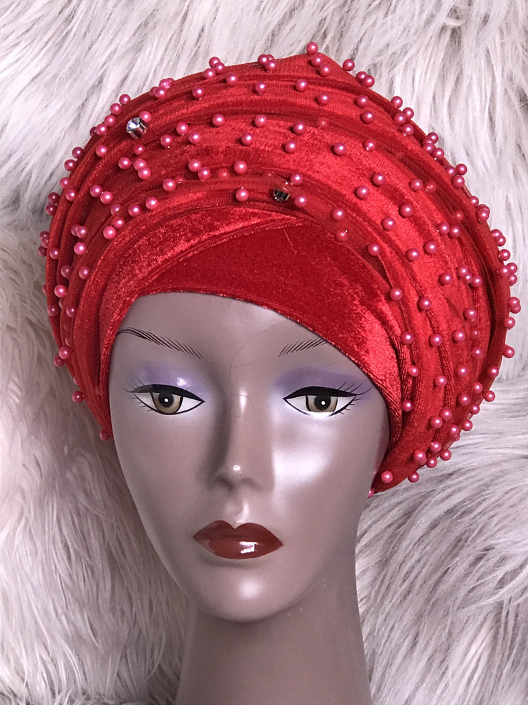 Pearl Beaded Velvet Turban Head Wrap - Extra Large - African Clothing from CUMO LONDON