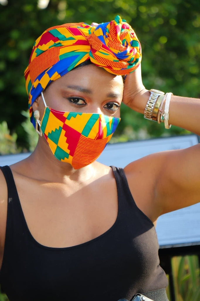 African Print Kente Facemask and Headwrap Set - Ashanti - African Clothing from CUMO LONDON