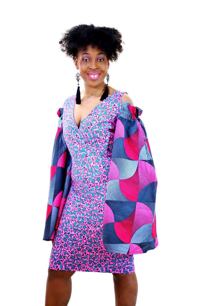 Rikka - Embellished Pink African Print Ankara Fitted Dress with Cut-out Sleeves - African Clothing from CUMO LONDON