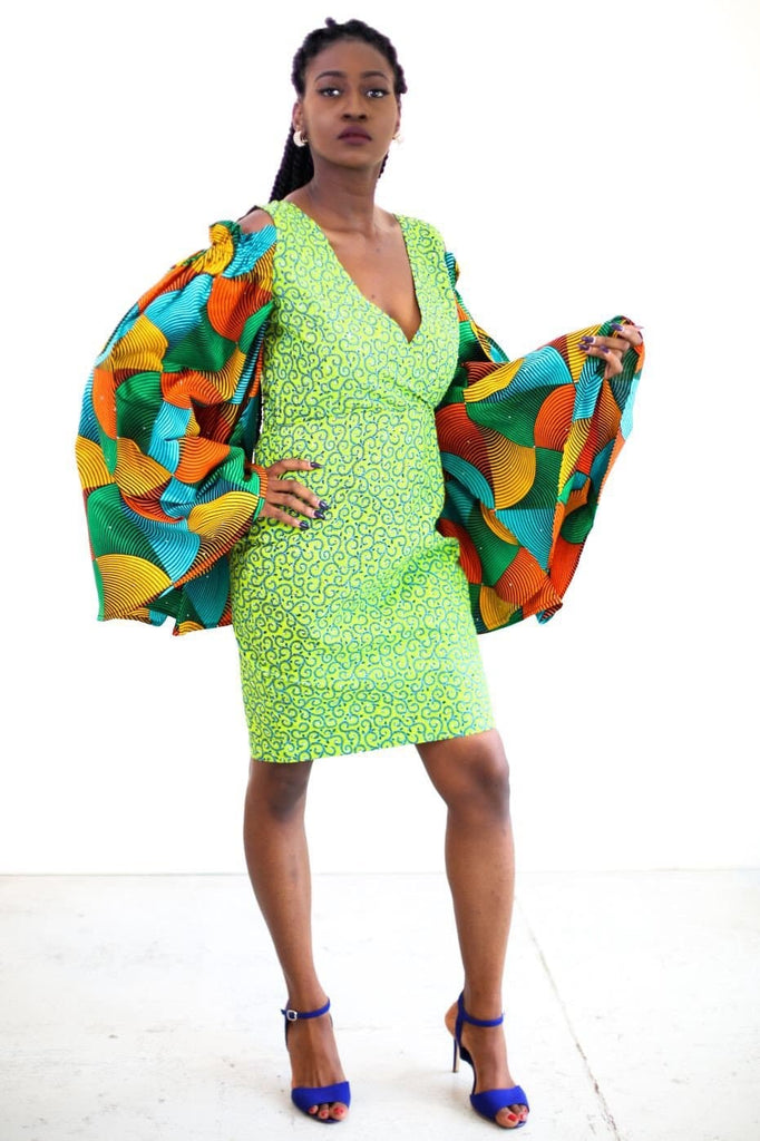 African Print Ankara Fitted Green Dress with Cut-out Sleeves - African Clothing from CUMO LONDON
