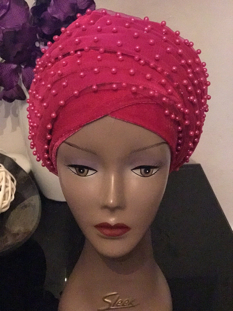 Red Beaded Mesh Velvet Head wrap ( Extra Long Scarf) - African Clothing from CUMO LONDON