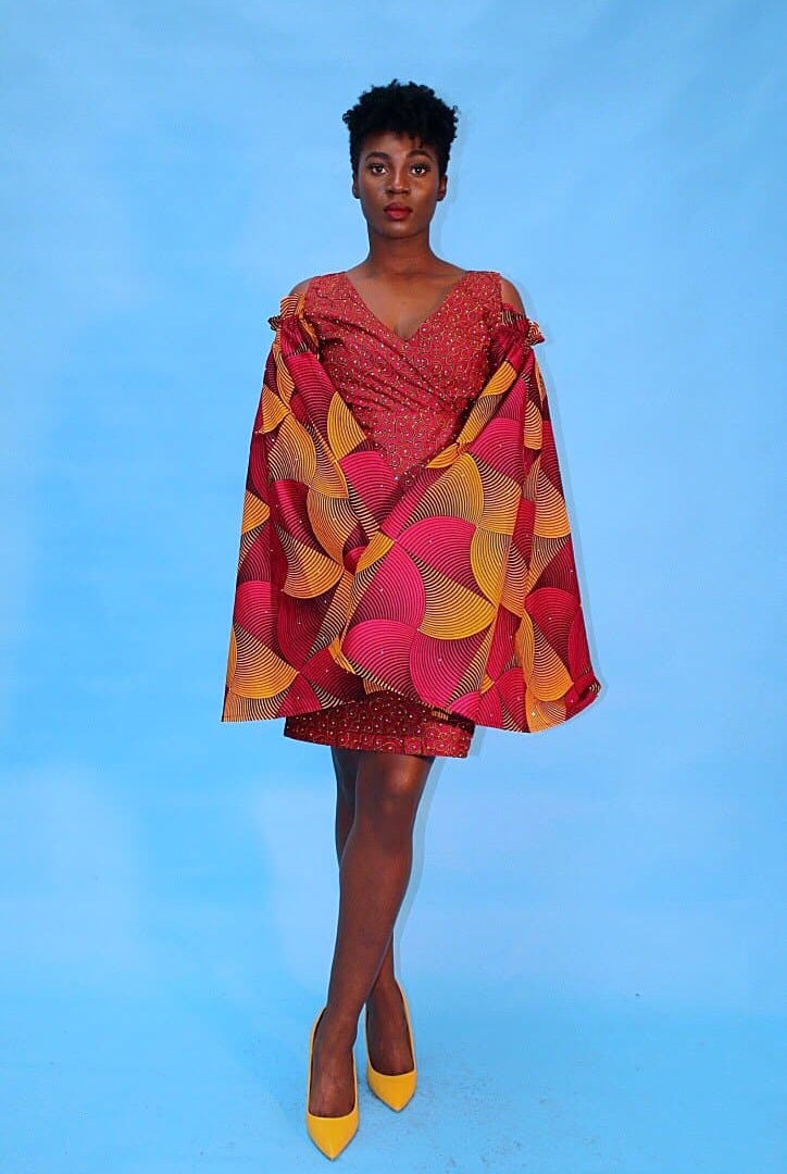 Embellished African Print Ankara Fitted Red Dress with Cut-out Sleeves - African Clothing from CUMO LONDON