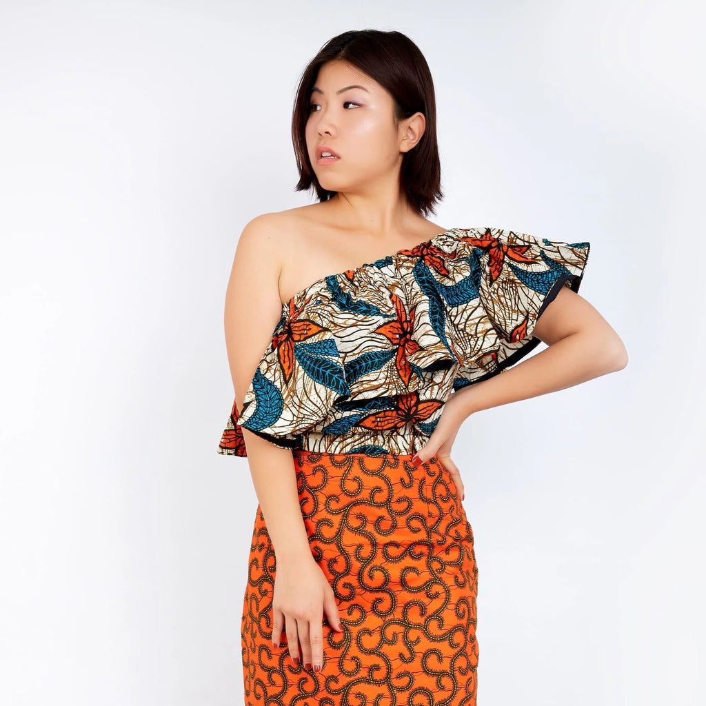 Off Shoulder African Ankara Print Top - Orange Wax Print - African Clothing from CUMO LONDON